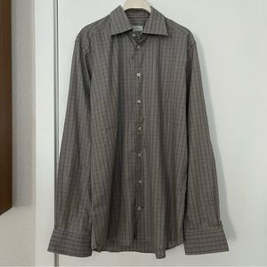 ETON Warm Gray Plaid Long Sleeve Dress Shirt Slim Button Down 40 15 3/4